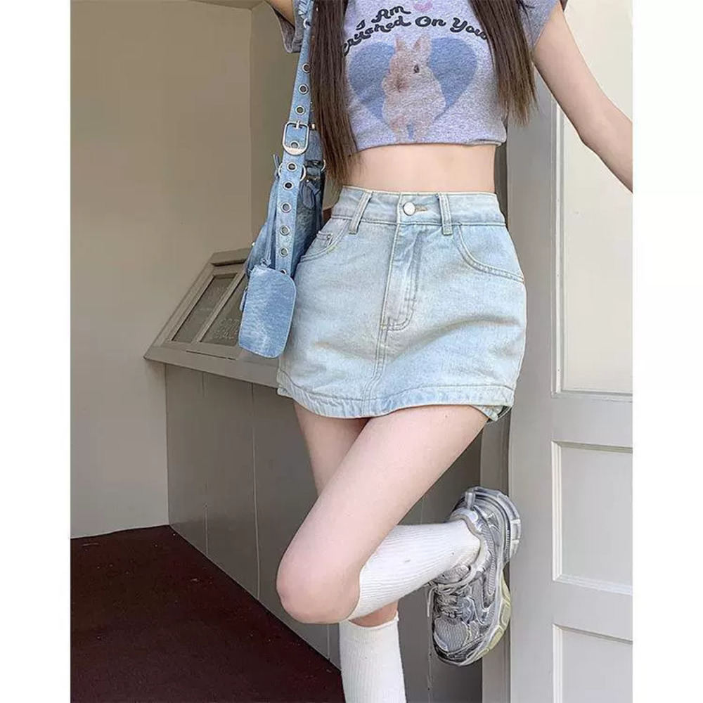 Zara Light Color High Waist Curved Hem Denim Skirt Summer Slim Fit